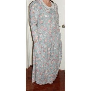 Gunne Sax Blue Prairie Floral Dress Cotton Lace Womens Medium Buttondown 1970's